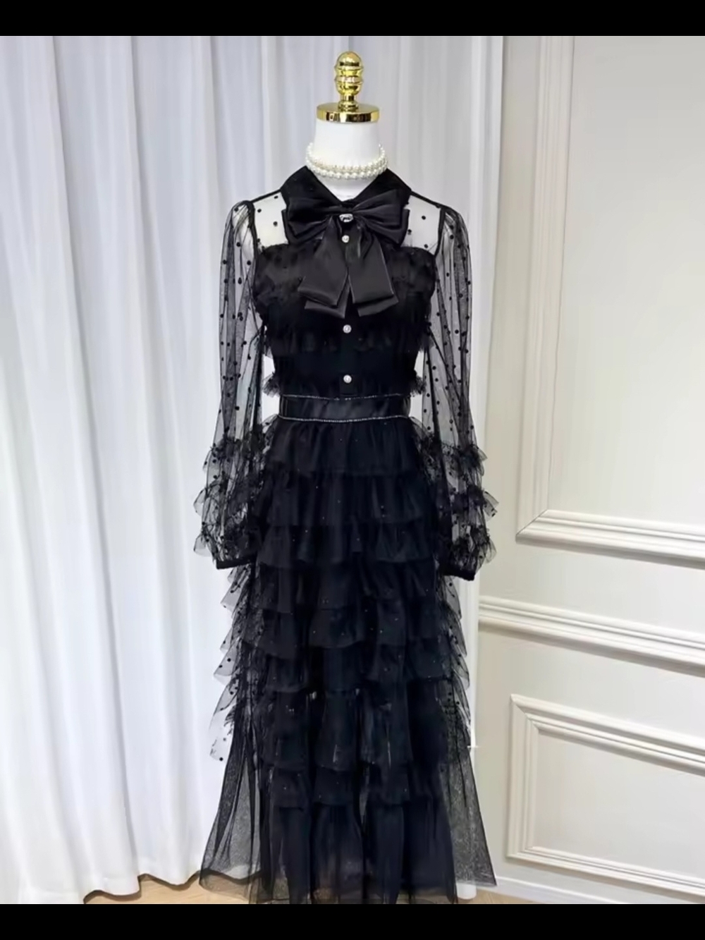 Black Sheer Ruffle Maxi Dress with Bow Collar